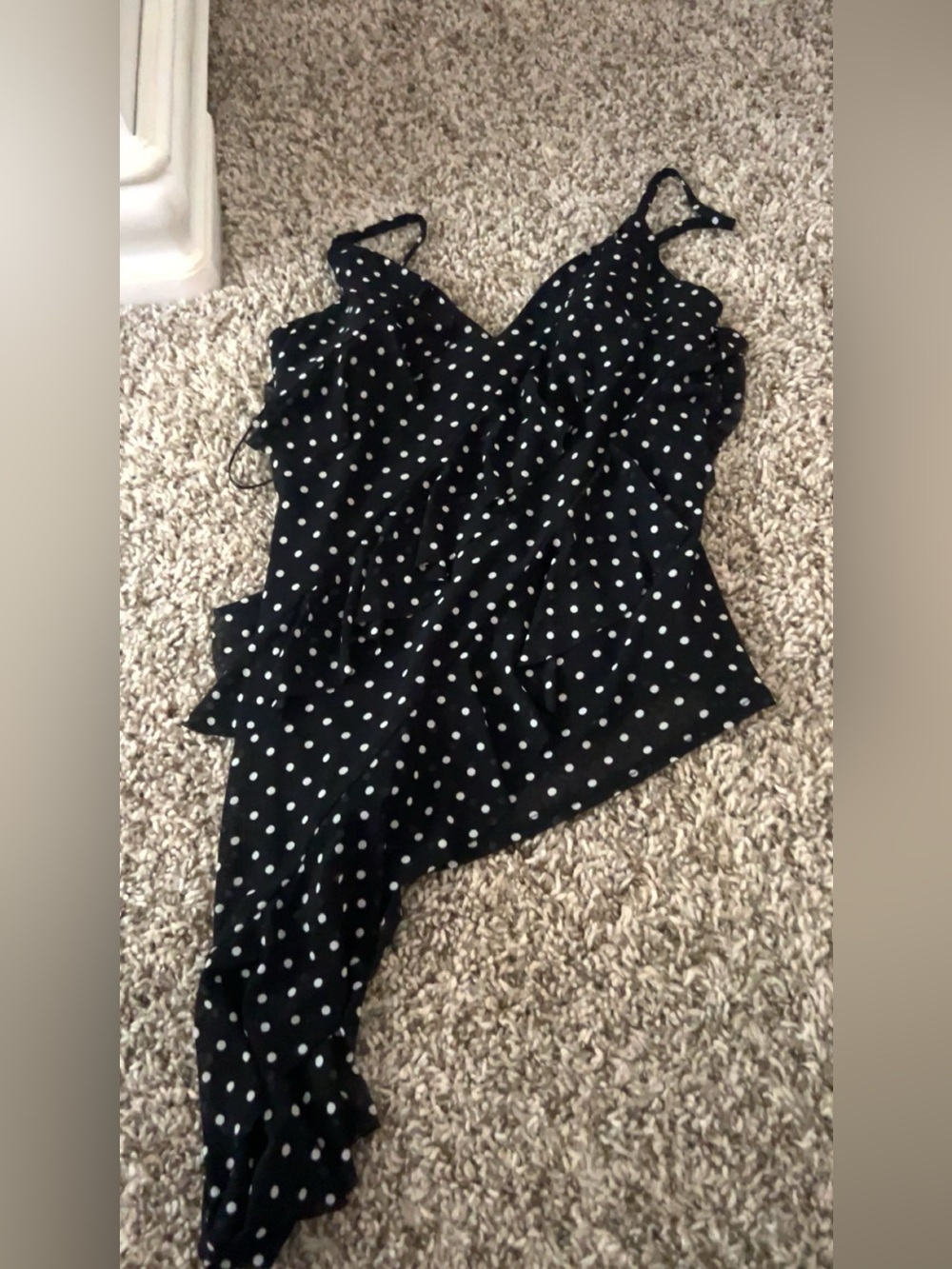 Black Polka Dot Asymmetrical Ruffle Tank